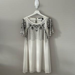 White Beaded Sleeve Mini Shift Dress - Size Small